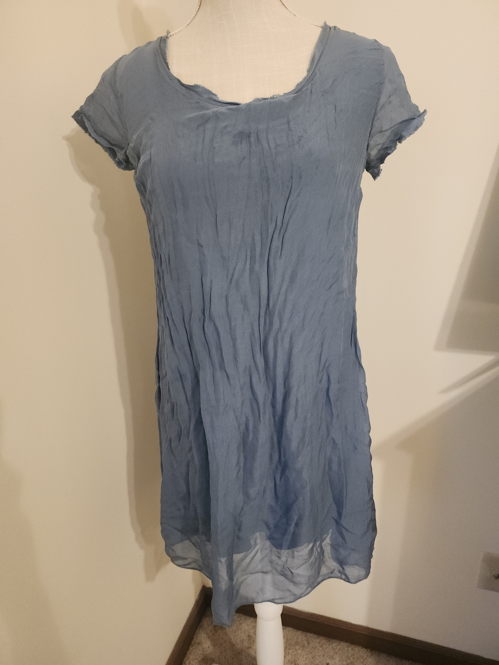 Light Blue Silk Short-Sleeve Dress With Lace Back Detail